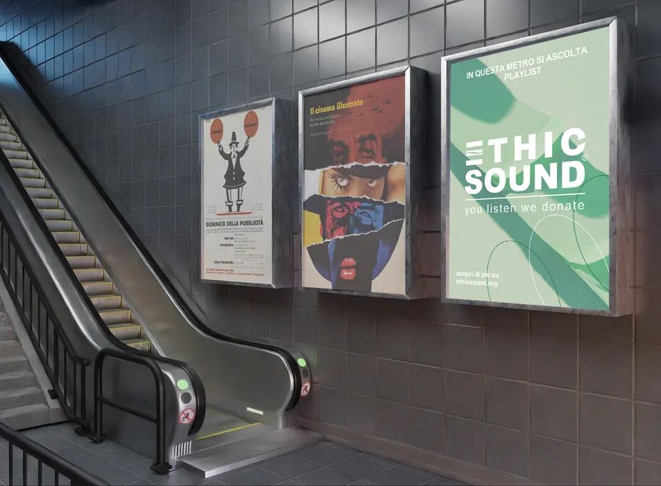 Manifesti Ethic Sound in una stazione della metropolitana